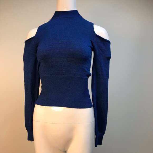 Bebe Royal Blue Sparkle Cold Shoulder Long Sleeve Top Medium - Picture 4 of 7